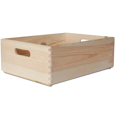 Image of Creative Deco XL Wooden Crate with Handles 40 x 30 14 cm (+/ 1 cm) Plain Unpainted Storage Box Natural Wood Easter Gift Crates for Kitchen Home Documents