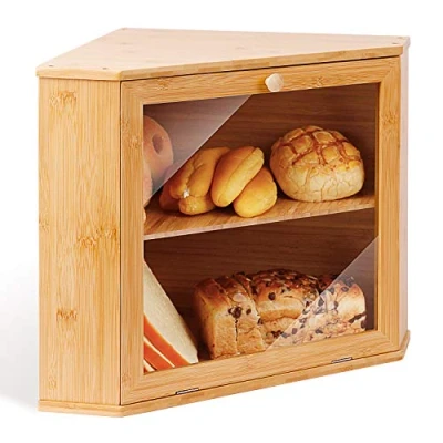 Image of Leader Accessories Corner Bread Bin Bamboo Two Layer Box for Kitchen fit 12.6&quot;x12.6&quot;x13.4&quot;