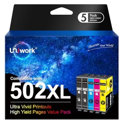 Image of Uniwork 502XL High Yield Multipack, 4 colours Ink Cartridges Compatible for Epson 502 XL Workforce WF 2860 2860DWF 2865 2865DWF XP5100 XP 5105 (Black Cyan Magenta Yellow, 5 Pack)…