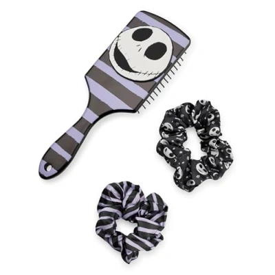 Image of Disney The Nightmare Before Christmas Womens Hair Brush and Scrunchie Set Adults All Over Print Bobble Paddle with 3D Jack Skellington Face in Black Classic Movie Merchandise Gift