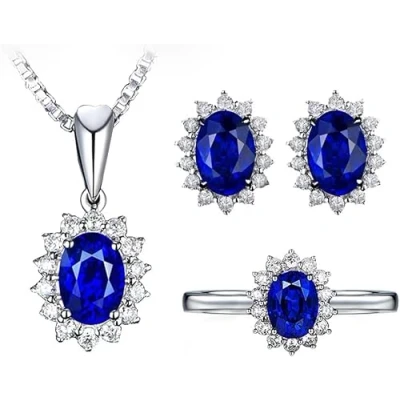Image of FDEETY Silver Jewellery Set for Women Sapphire Cubic Zirconia 925 Sterling Drop Necklace Earrings Open Ring Wedding Birthday Gift Christmas, Blue