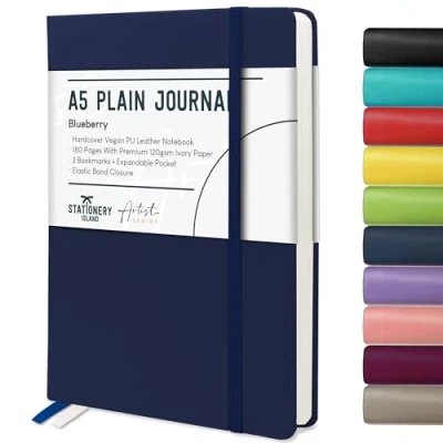 Image of STATIONERY ISLAND A5 Unlined Notebook,Plain Note book Hardcover with 120gsm Premium Thick Paper, 180 Pages Hardback Blank Journal for Writing, Working, Study, Blueberry