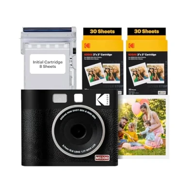 Image of KODAK Mini Shot 3 ERA 4PASS 2 in 1 Instant Camera and Photo Printer (3x3 inches), Initial 8 Sheets + 60 Sheet Pack Bundle, Black