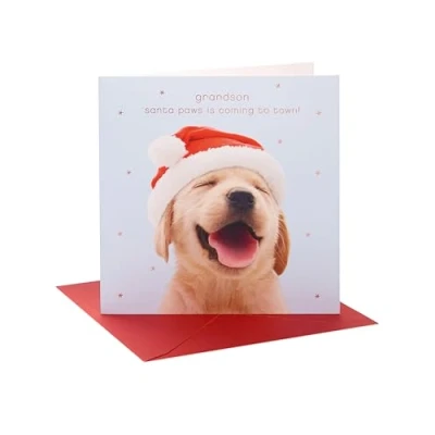 Image of UK Greetings Christmas Card for Grandson Cute Dog Design