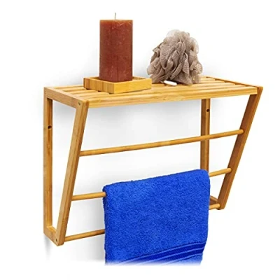 Image of Relaxdays Bamboo Towel Holder with Shelf Storage 30 x 42 20 cm Wall Mounted Bathroom 3 Rails Small Rail, Natural