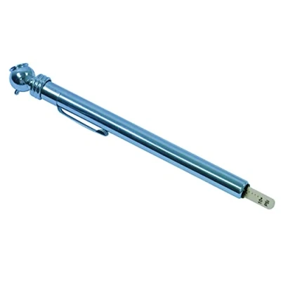 Image of Streetwize Chrome Blue Steel Pencil Tyre Pressure Gauge with Angled Head 10 50 PSI Ideal for Cars, Vans, Motorbike, Caravan, Bicycle and any other Inflatable