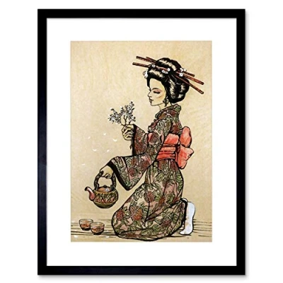 Image of Wee Blue Coo TEA CEREMONY JAPANESE GEISHA TEAPOT CHERRY BLOSSOM FRAMED ART PRINT B12X8695