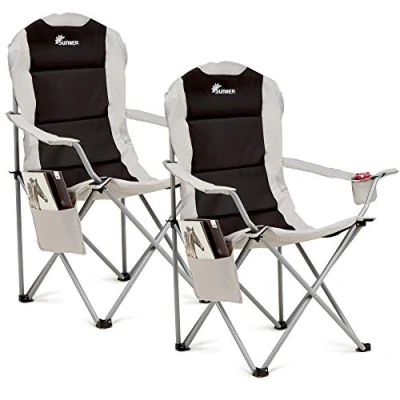 Image of SUNMER Padded Camping Chairs Set of 2 Deluxe Folding with Cup Holder and Side Pockets, Holds up to 120kg Lightweight 3.3kg per Chair Black &amp; Grey