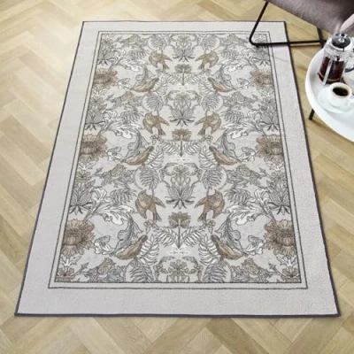 Image of Dreams &amp; Drapes Natural William Morris Rug (180 x 120cm) Low Pile Hypoallergenic Machine Washable Non Slip Bohemian with Birds Florals Damask for Living Room