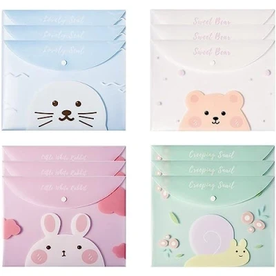 Image of Plastic Document Folder 12pcs A4 Size Waterproof File Pouch Cute Cartoon Popper Wallets with Snap Button