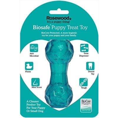 Image of Rosewood tough puppy toy dumbbell shaped treat dispenser dog for small dogs and puppies made of material, mint scented, blue