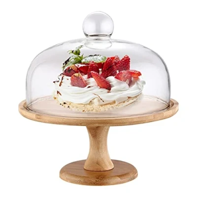 Image of YuuHeeER Cake Stand With Glass Dome Tall Plate Base And Lid Salad Snack Small