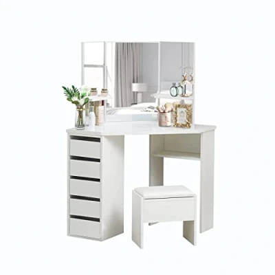 Image of LEMROE Corner Dressing Table with 3 Mirror and 5 Drawers, White Hollywood Cosmetic Shelves Cushioned Stool, Makeup Vanity for Bedroom Home