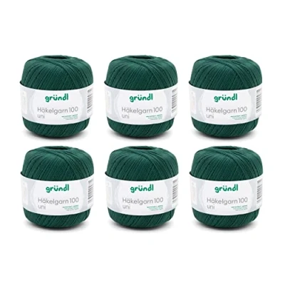 Image of Gründl Wool Crochet Yarn 100 100% Cotton 6 x 100g Balls Needle Size 1.5 2 / 566m Thin for Crocheting, Pine Green