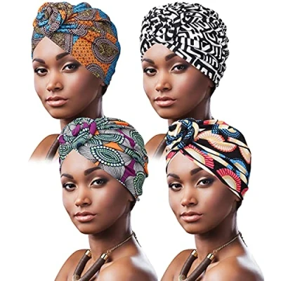Image of DRESHOW 4 Pack Women Turban African Pattern Knot Headwrap Beanie Pre Tied Bonnet Chemo Cap Hair Loss Hat