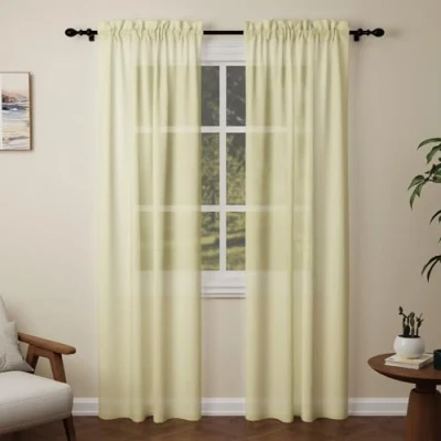Image of Pacok Yellow Voile Curtains, 90 Drop 2 Panels Net Curtain for Windows, Rod Pocket Sheer Panel Curtains Living Room Kitcken Bedroom W56xL90 Inch(Yellow, 142 x 228cm)
