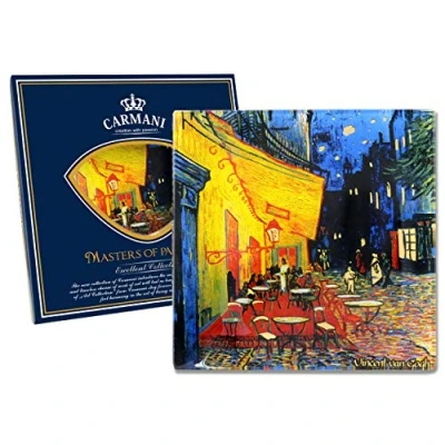 Image of CARMANI Square Glass Plate Art Print by Vincent Van Gogh &#039;CAFE TERRACE AT NIGHT&#039; 13x13cm
