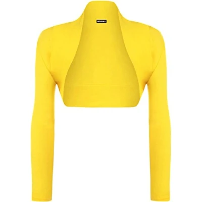 Image of WearAll Womens Plus Size Plain Long Sleeve Cropped Ladies Shrug Bolero Cardigan Top Bright Yellow 20 22