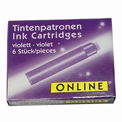 Image of ONLINE standard ink cartridges, universal fountain pen ink, compatible with all common pens, replacement cartridges for pens and rollerballs, 6 pieces, colour purple