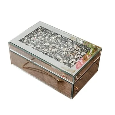 Image of HomeZone® Modern Silver Crushed Diamante Mirrored Glass Crystal Jewellery Box Black Velvet Women Trinket Drawers Organiser Decorative Makeup Storage Gift for Birthday, Wedding