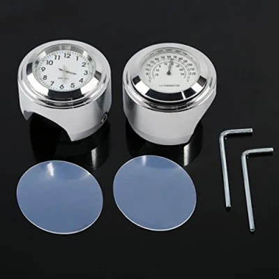 Image of Pair of Motorcycle Handlebar Clock and Thermometer Guage, 7/8&quot; 1&quot; Motorbike Waterproof Mount Glow Watch, Aluminum Alloy Bicycle Luminous Dial &amp; Air Temperature Gauge