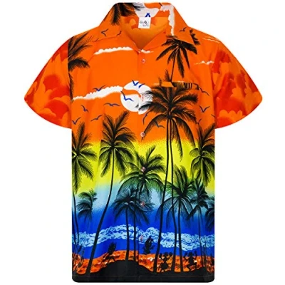 Image of King Kameha Men&#039;s Beach Shirt Short Sleeve Casual Button Down Hawaii Vacation, Beach, Orange, XXL