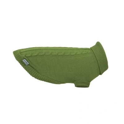 Image of Record Willy Dog Jumper. High Neck Sweater, Cable Pattern, Leash Hole and Elastic Leg Band. Green, XXS Back Length 25 cm