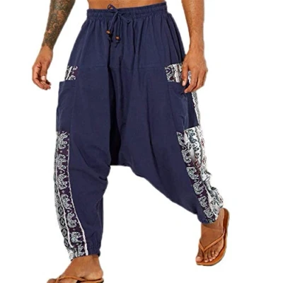 Image of Men&#039;s Harem Printed Wide Crotch Ninja Pants Trousers,Men Boho Hippie Baggy Yoga Trousers