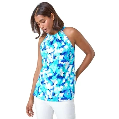 Image of Roman Womens Abstract Print Stretch Halter Neck Top Blue Size 20 UK