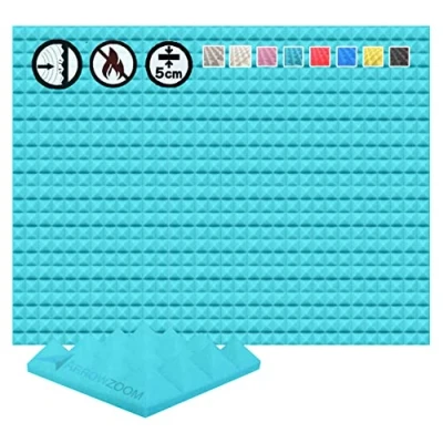 Image of Arrowzoom 48 Acoustic Panels Pyramid Sound Absorbing Treatment Tiles 25x25x5cm Recording Studio Noise Cancellation 26kg/m3 High Density Acoustical Dampening Fire Retardant 1034 BABY BLUE