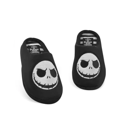 Image of Disney The Nightmare Before Christmas Unisex Slippers Jack Skellington Character Face Slip On Mules in Black Halloween Town Indoor House Shoes Classic Tim Burton Movie Merchandise Gift
