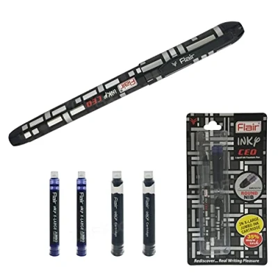 Image of Flair Inky CEO BLACK BLUE Fountain Pen Set Steel Nib Iridium Tip Cartridges (BLACK Body Shade)