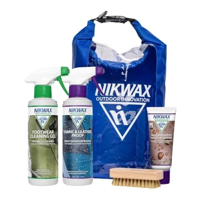 Image of Nikwax Hiking Care Kit Trainer Cleaning and Leather Boot Waterproofing Shoe Cleaner Includes Footwear Gel, Fabric &amp; Proof, Wax for Leather, Brush Dry Bag