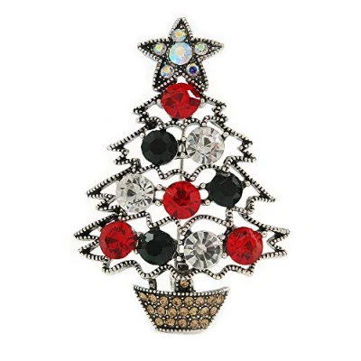 Image of Avalaya Vintage Inspired Crystal Christmas Tree in The Pot Brooch Aged Silver Tone Metal 55mm Tall