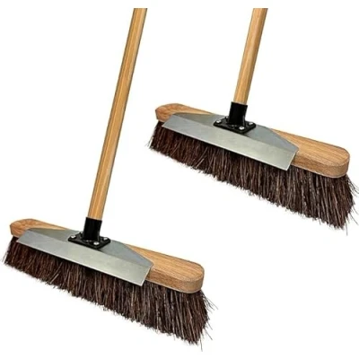 Image of LSC 16 Outdoor Garden Broom &amp; Metal Scraper with Wooden Handle Stiff Bassine Hard Bristle Durable Support Bracket Yard Brush Heavy Duty Sweeping (PACK OF 2)