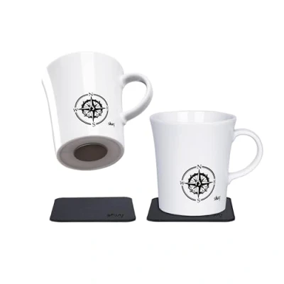 Image of silwy® Porcelain Magnetic Handle Cups Reisenlust (Set of 2) Includes Two Metal Nano Gel Pads Black Non Slip Camping and Caravanning Cups, Boat Yacht Accessories