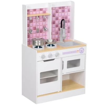 Image of AIYAPLAY Kids Play Kitchen, Pretend Kitchen with Realistic Oven, Stove, Sink, Accessories, Cooking Playset Light, Sound, Ages 3+, White
