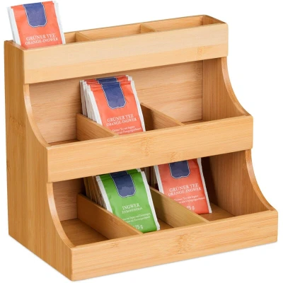 Image of Relaxdays Tea Box, 9 Compartments, Organiser, Bag Storage, Bamboo, HWD: 24 x 26 17.5 cm, Vertical Tiered Rack, Natural, 17,5 cm