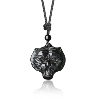 Image of coai Genuine Stones Black Obsidian Tiger Head Grounding Pendant Necklace for Men