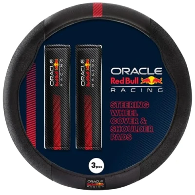 Image of Red Bull Racing Steering Wheel Cover Universal Fit, Perforated Leather with Cloth Grips, Sporty Design, Protects &amp; Enhances Your Vehicle’s Style (RBSWCK001BR)