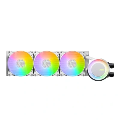 Image of MSI MAG CORELIQUID E360 WHITE CPU Liquid Cooler Enlarged Copper Cold Plate, ARGB Blockhead &amp; FDB Fans, Dual Chamber Water Block, Split Flow Radiator, Mystic Light Supported AMD Intel Compatible