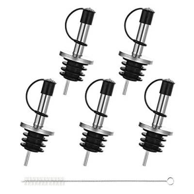 Image of Incutex 5x Bottle Pourers and 1x Cleaning Brush, Stainless Steel Spout with Rubber Cap Closure, Freeflow Drizzler Oil Stopper, Spout, Spirits Wine Liqueur Vinegar Pourer