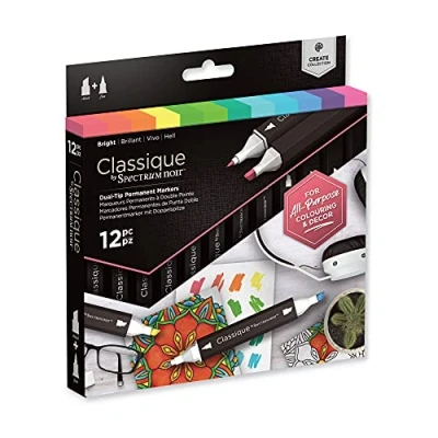 Image of Crafter&#039;s Companion Spectrum Noir Classique Blend Twin Tip Blendable Alcohol Based Marker Set with Japanese Nibs Pack of 12 Perfect for Colouring, Drawing &amp; Illustration (Brights Pack)