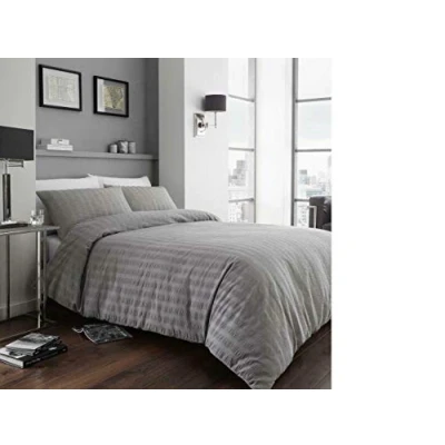 Image of RAYYAN LINEN SEERSUCKER DUVET COVER BEDDING SET WITH PILLOWCASES (Grey Silver, Single)