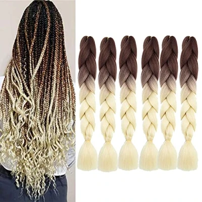 Image of Ombre Braiding Hair Blonde Jumbo Extensions 6pcs Synthetic 24 Inch Brown for Box Braids 2 Tones Crochet 100g to
