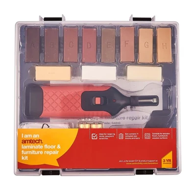 Image of Amtech G4210 Laminate Floor and Furniture Repair Kit with 11 Coloured Wax Blocks, Melting Tool Batteries
