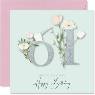 Image of 61st Birthday Cards for Women Fancy Floral Flowers Happy Card 61 Year Old Woman Nanny Friend Nan Neighbour, 145mm Bday Greeting