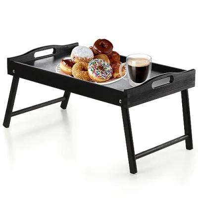 Image of KADAX Bed Table, Breakfast Tray Made of Pine Wood, 19 x 30 50 cm Serving Tray, Folding Food for in Bed, Side Table (Black)