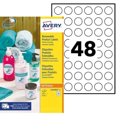 Image of Avery Printer Removable Round Labels, 1200 White Labels 48 per Sheet