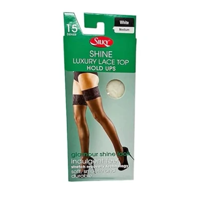 Image of Silky Shine Luxury Lace Top Hold Up Stockings 15 Denier, Color White, Size Medium